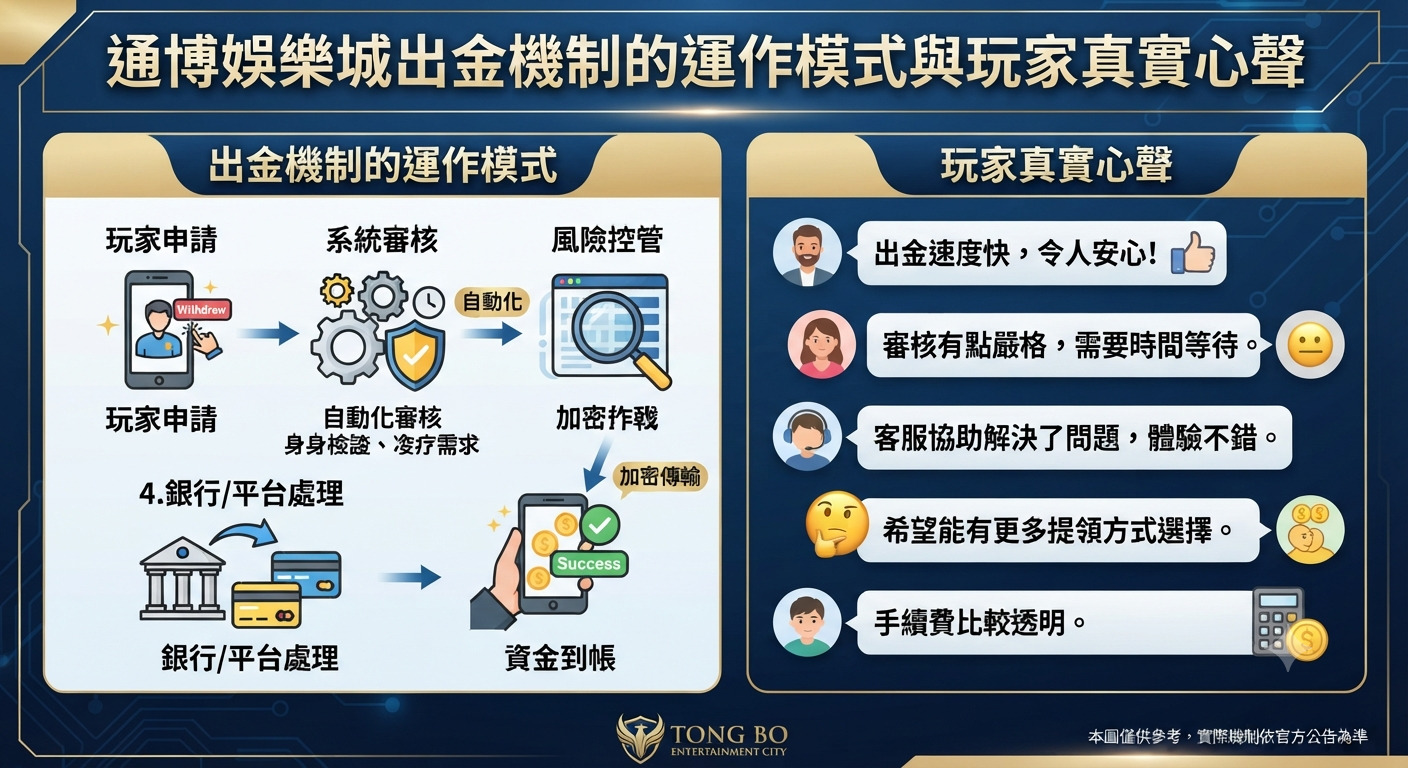 圖片展示了通博娛樂城出金機制的運作流程以及玩家的真實心聲與評價。 畫面透過圖表與對話框的形式,清晰呈現出金審核步驟和用戶體驗。
