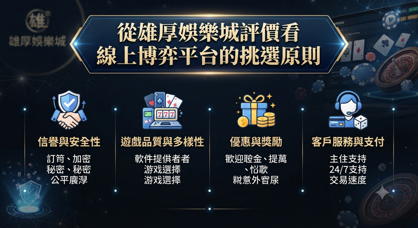 這張圖片以深色科技風格為背景,上方醒目地展示了「從雄厚娛樂城評價看線上博弈平台的挑選原則」的主標題。 下方則透過圖示與文字,條理分明地列出了信譽安全、遊戲品質、優惠獎勵及客戶服務等四大挑選原則。